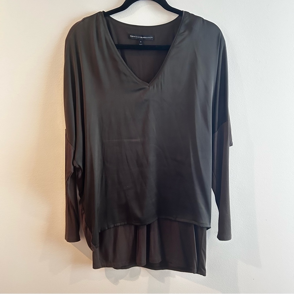 White House Black Market V-Neck Dark Olive Passporter Dolman Tunic, Size S
